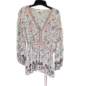 Max Studio Floral Boho Peasant Blouse Rayon Tie Waist Cottagecore V Neck